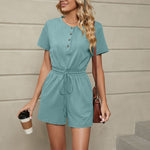 Solid Color Loose Short Sleeve Tie Pocket Rompers Wholesale Jumpsuits