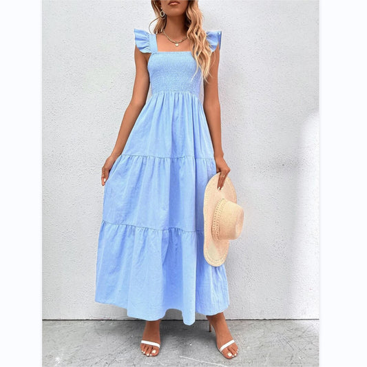 Square Neck Swing Solid Color Sling Frill Dress Wholesale Dresses