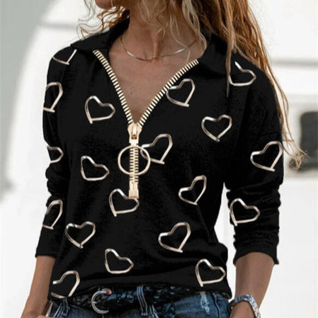 Heart Print V-Neck Zipper Casual Long Sleeve Lapel Women'S T-Shirt Wholesale Blouse