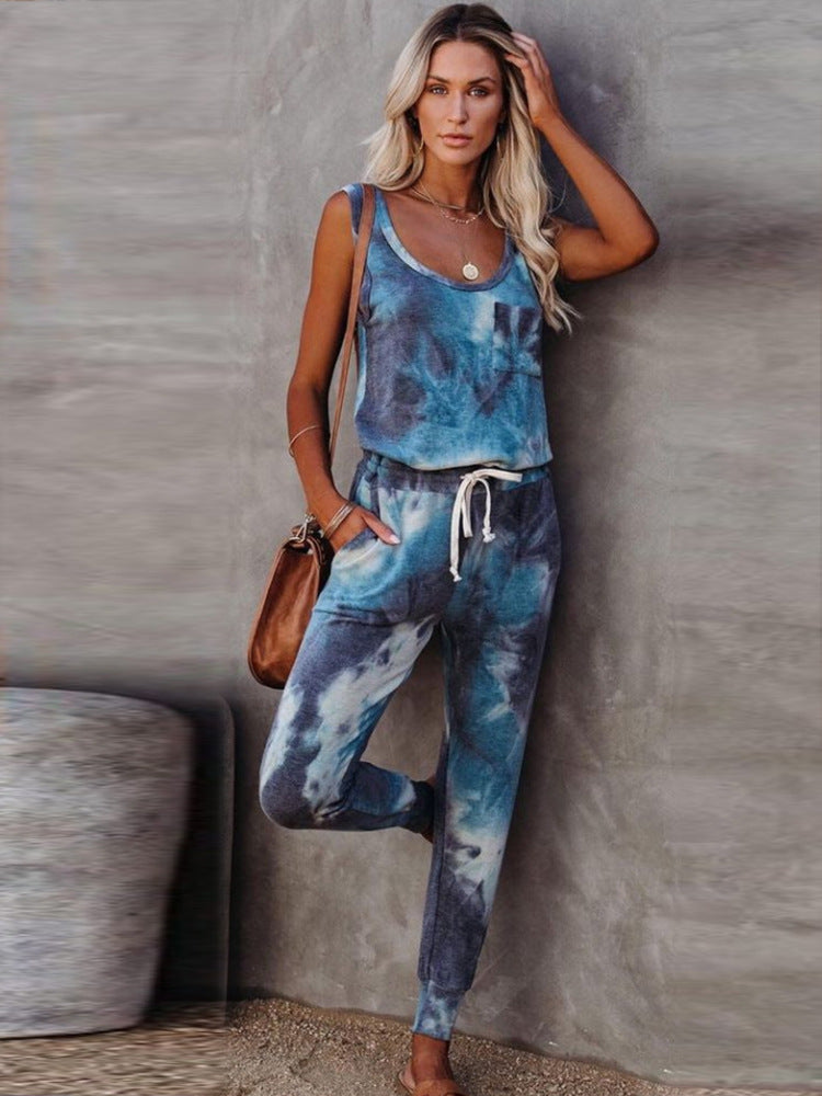 Tie-Dye Casual Sports Sleeveless Tank Top Trousers Fashion Suit Wholesale Women Clothing