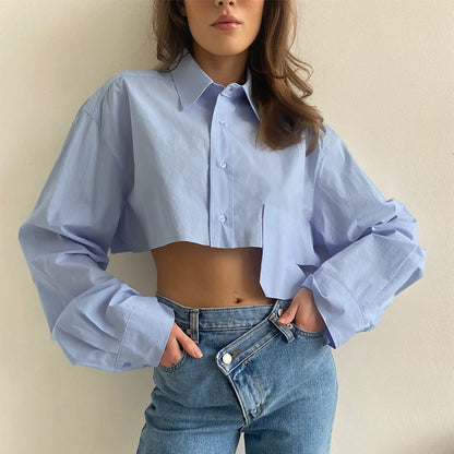 Fashion Casual Design Long Sleeve Blouse Asymmetrical Stitching Short Shirt Wholesale Women Clothing