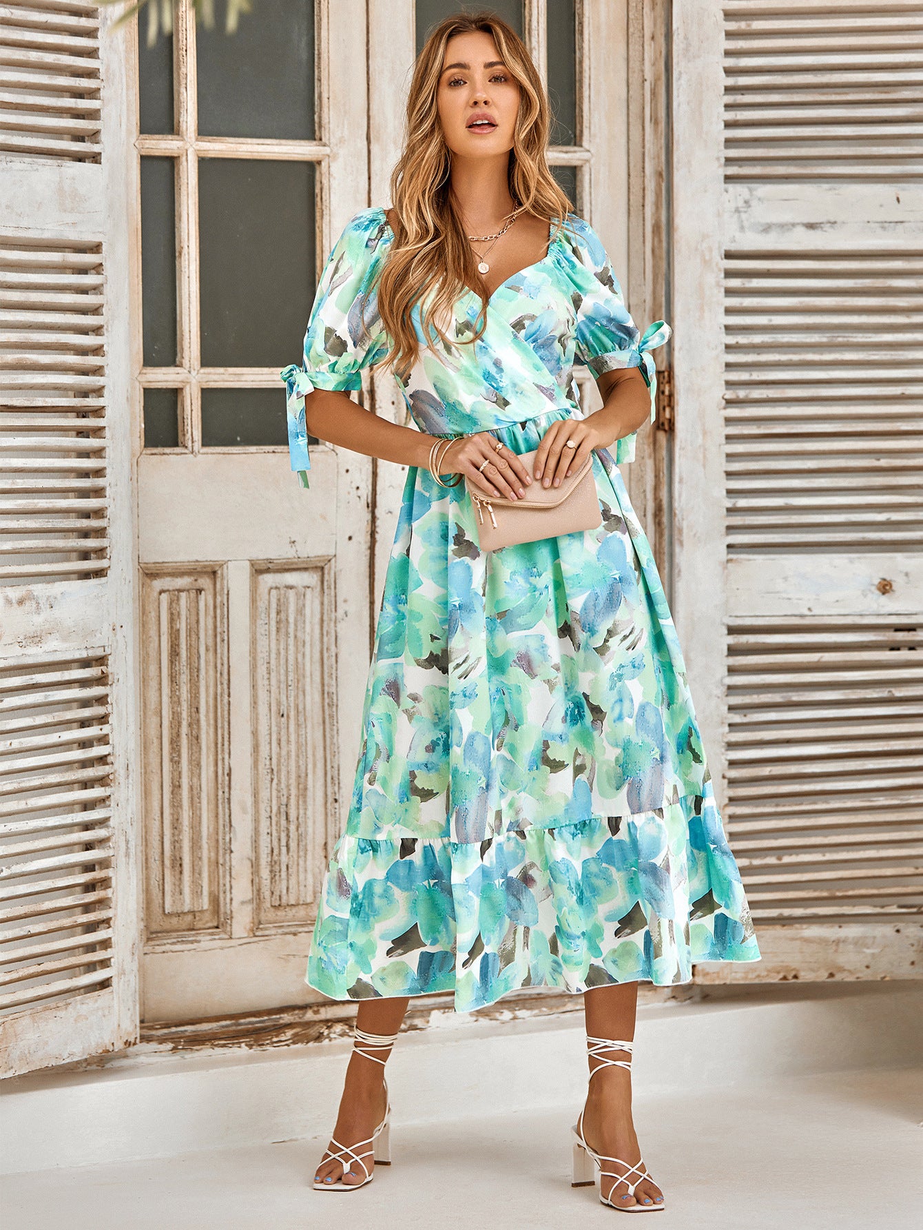 Printed Waist Puff Sleeve V-Neck Casual Dress Wholesale Dresses