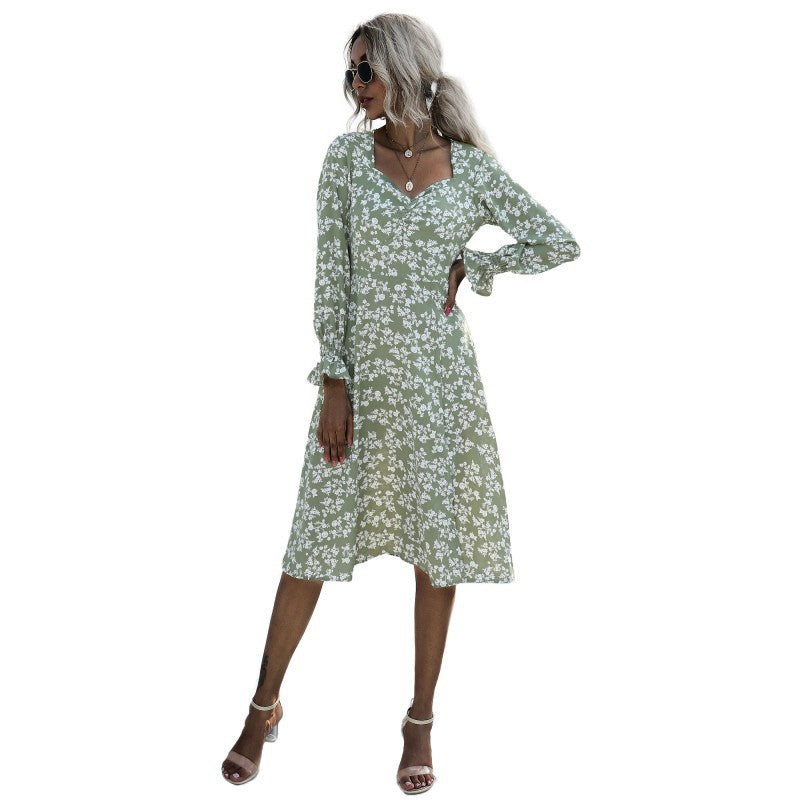 Floral Print Puff Long Sleeve V Neck Wholesale Swing Dresses