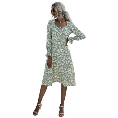 Floral Print Puff Long Sleeve V Neck Wholesale Swing Dresses