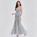 V-Neck Sexy Leaf Embroidered Sequins Slim Fishtail Prom Evening Dress Wholesale Maxi Dresses
