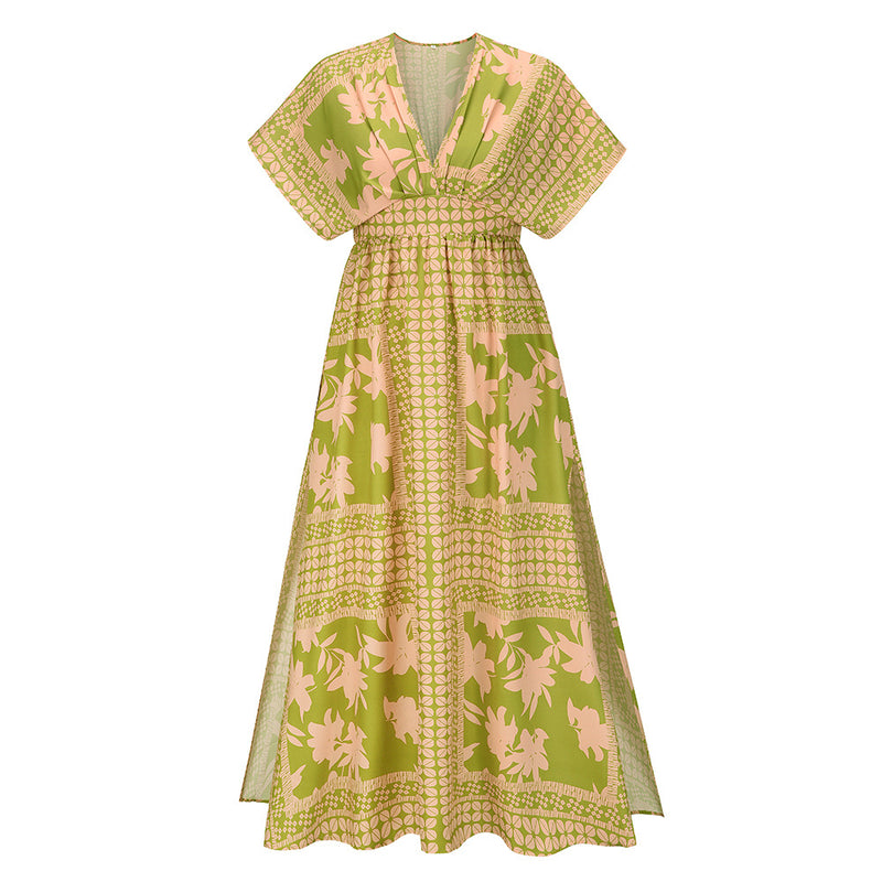 Retro Print Lotus Leaf Sleeve V-Neck Beach Flowy Dress Vacation Wholesale Maxi Dresses Slit Design