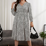 Leopard Print Long Lseeve V-Neck Elastic Waist Slim A-Line Curve Dresses Wholesale Plus Size Clothing