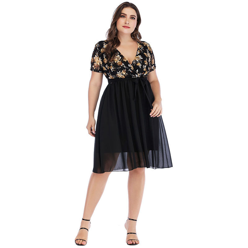 Floral Print Lace Stiching Fashion V-Neck Lace-Up Casual Curve Dresses Wholesale Plus Size Clothing