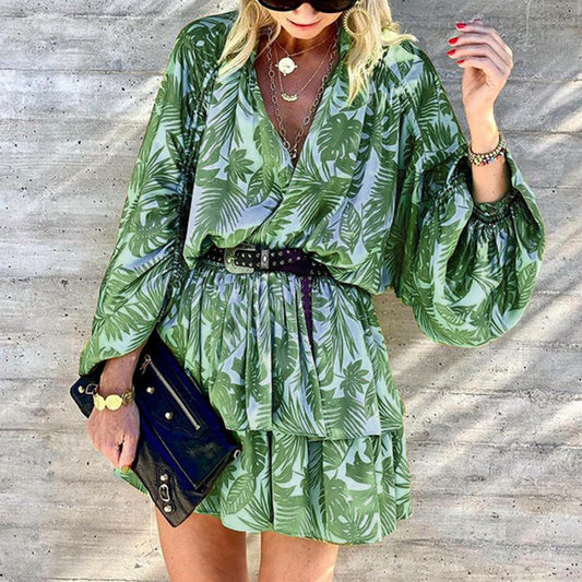 Loose Long-Sleeved V-Neck Fashion Print Mini Dress Wholesale Dresses