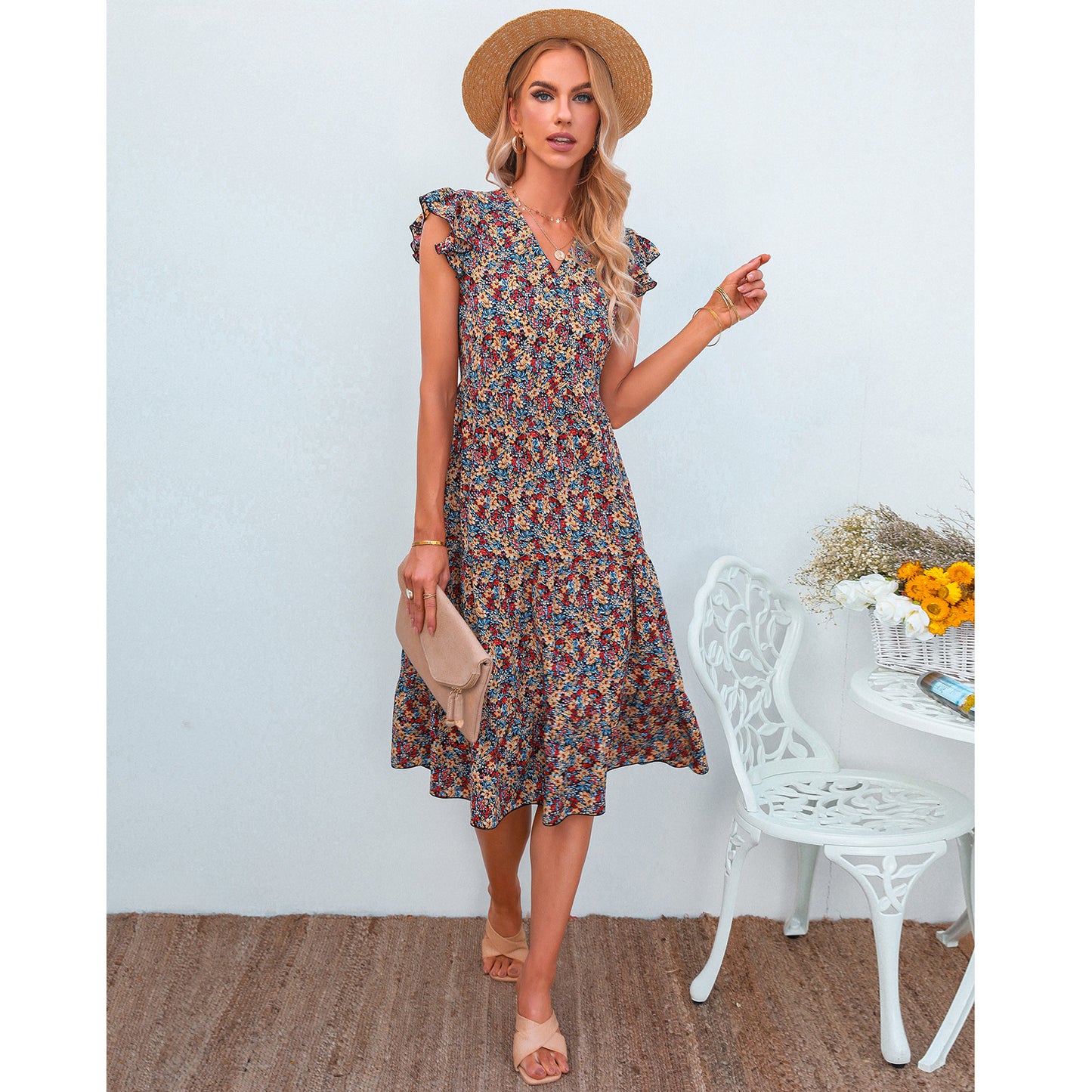 Floral Print V-Neck Frill Sleeve Midi Swing Dress Summer Casual Wholesale Dresses