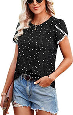 Crew Neck Printed Shirt Short Lace Petal Sleeve Womens Tops Casual Wholesale T Shirts