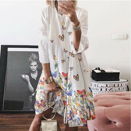 Fashion Print Cotton & Linen Round Neck Seven-Quarter Sleeves Loose Dress Casual Wholesale Dresses SD531710