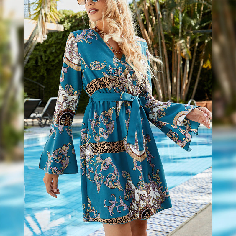 Fashion Floral V-Neck Flare Sleeve Dress High Waist Lace-Up A-Line Resort Wholesale Dresses SDN560786