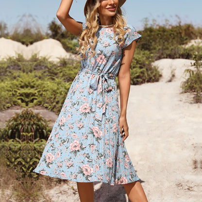 Floral Print Cap Sleeve Tie Waist Wholesale Flared Dresses Summer