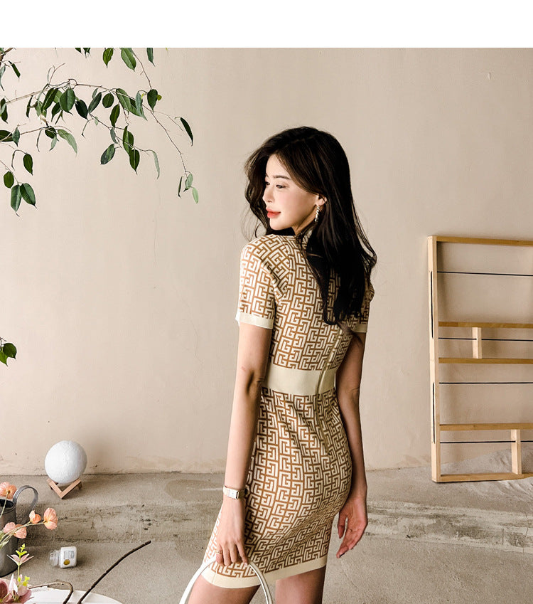 Sexy V-Neck Jacquard Patchwork Knitted Slim Short Sleeve Mini Dress Wholesale Dresses