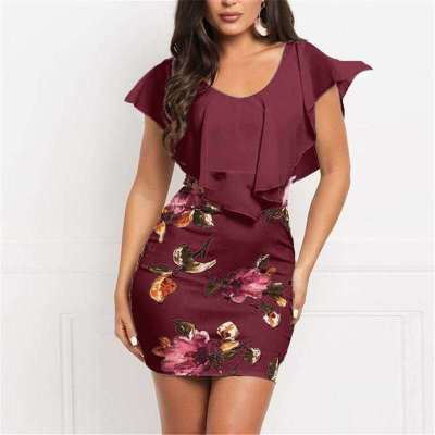 Ruffled Round Neck Bodycon Floral Dress Wholesale Dresses