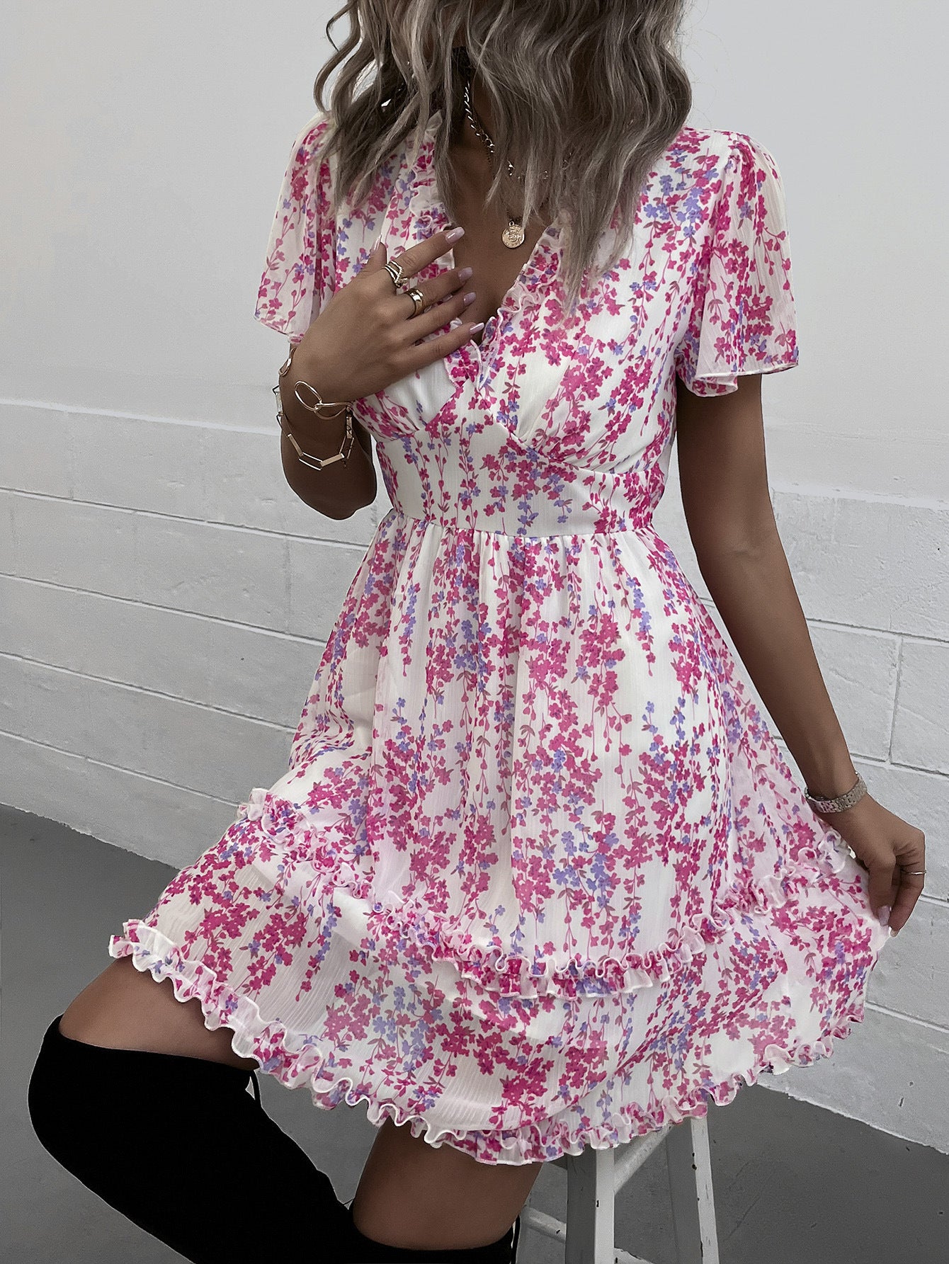 Printed Short Sleeve Agaric Laces Ruffled Dress Wholesale Dresses