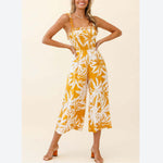 Strap Ruffles Palm Print Sling Midi Wide-Leg Womens Jump Suits Vacation Wholesale Jumpsuits