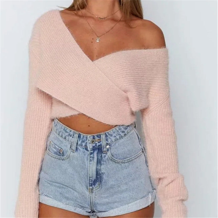 Fashion Solid Color Crossover Design V-Neck Sexy Womens Navel Cropped Tops Long Sleeve Knit Wholesale Sweater