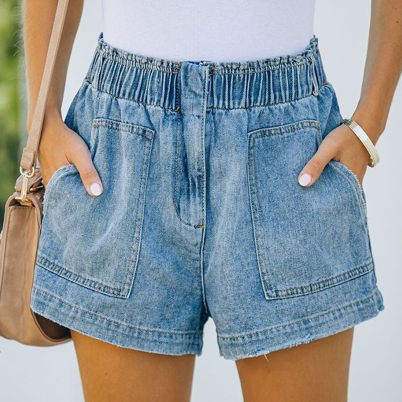 Simple Elasticated Waist Pocket Straight-Leg Washed Denim Shorts Wholesale Women Bottom