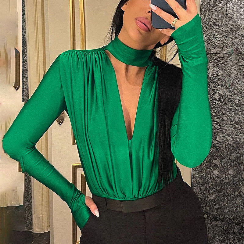 Pleated Sexy Low-Cut V-Neck Slim Solid Color Long-Sleeved Bodysuit Wholesale Women Clothing