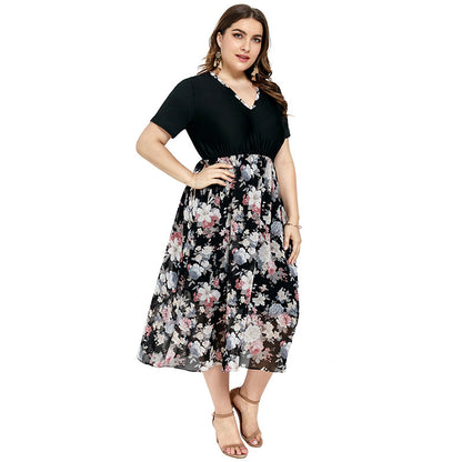 Floral Print V-Neck Short Sleeve Chiffon Mid-Length Casual Curve Dresses Wholesale Plus Size Clothing