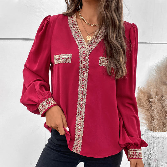 Casual V Neck Lace Patchwork Blouse Wholesale Womens Long Sleeve T Shirts