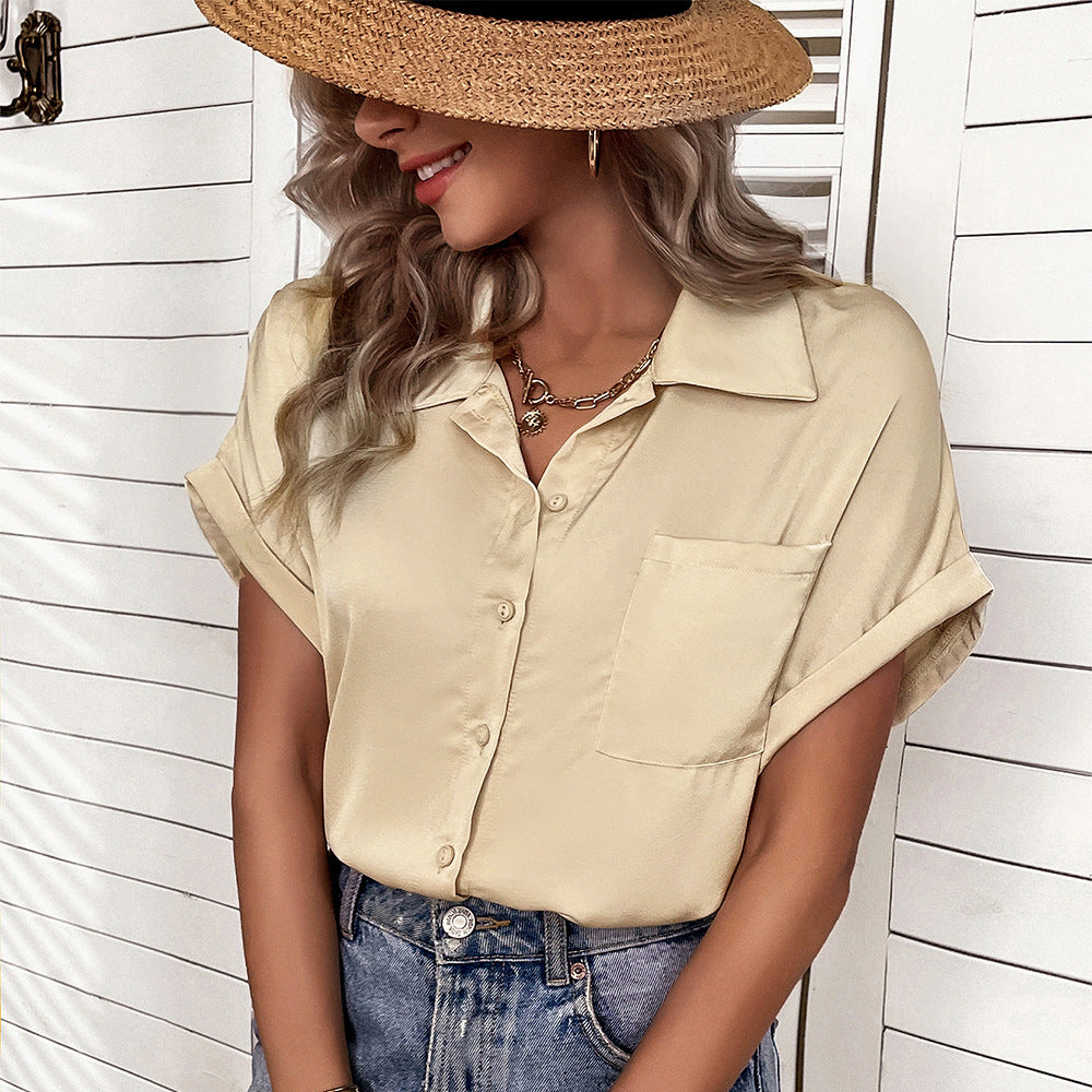 Fashion V Neck Lapel Blouse Single-Breasted Solid Color Loose Short Sleeve Womens T Shirts Wholesale