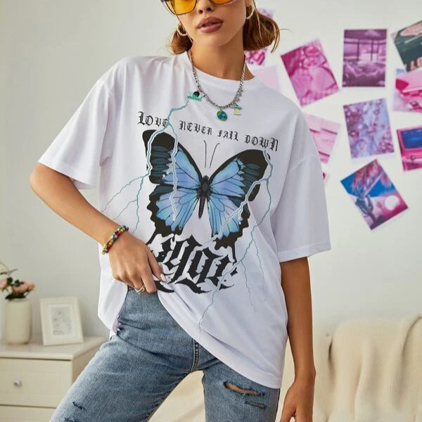 Fashion Butterfly Print Tops Loose Short Sleeve Crew Neck Womens T Shirts Wholesale