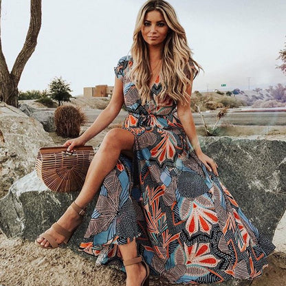 Short Sleeve V-Neck Slit Wholesale Boho Dress