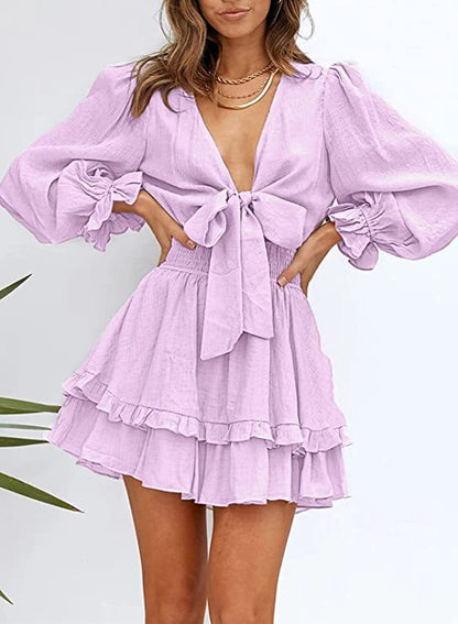 Solid Color V-Neck Tieback Bowknot Long Lantern Sleeve Ruffle Dress Casual Wholesale Dresses