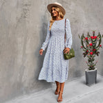 Floral Print Long Sleeve Casual Swing Smocked Dress Wholesale Dresses