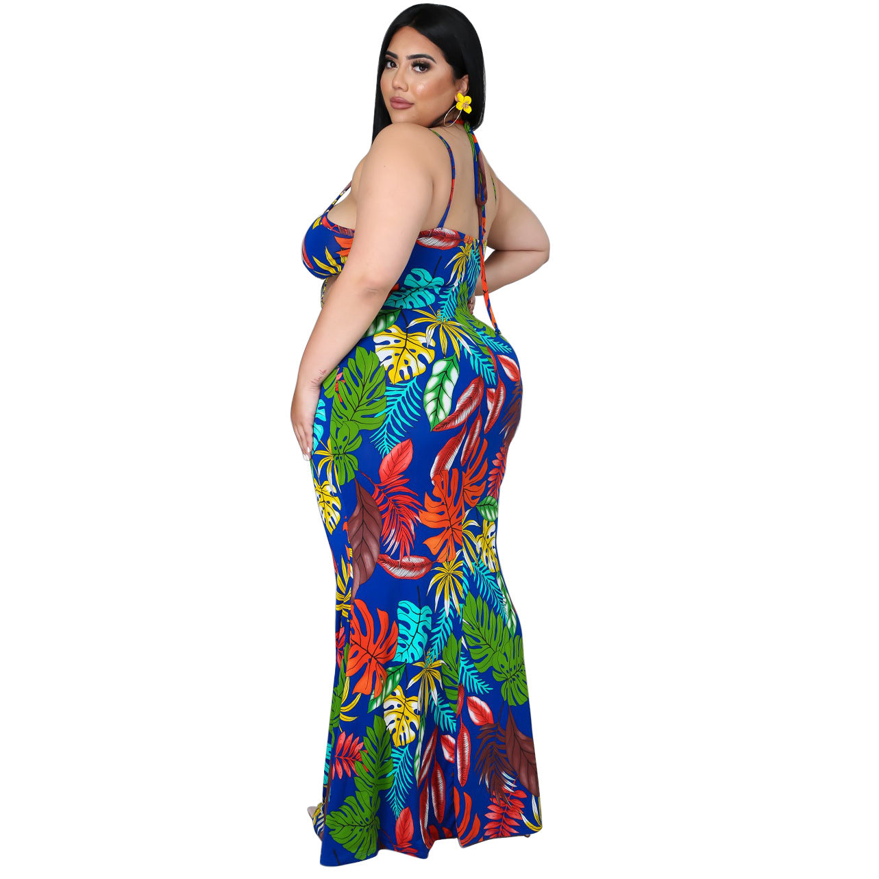 Cutout Printed Open Back Loose Women Curvy Maxi Dresses Wholesale Plus Size Clothing