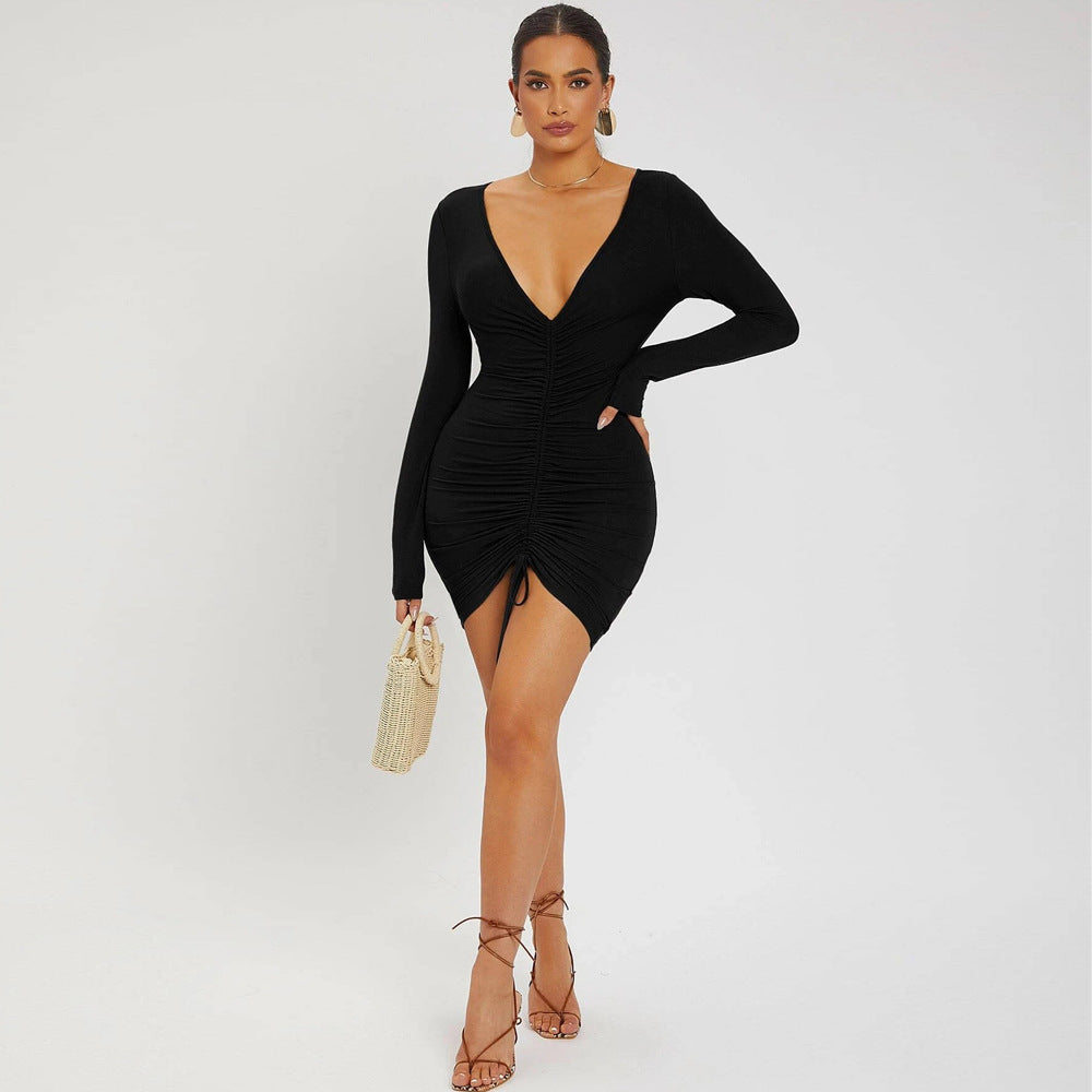 Sexy V-Neck Drawstring Knitted Bodycon Mini Dress Wholesale Dresses