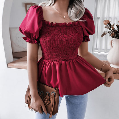 Solid Color Casual Lantern Sleeve Ruffled Elasticity Design Blouse Wholesale T Shirts Womens Tops