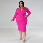 Sexy V-Neck Midi Dress Solid Color Long Sleeve Pleated Wholesale Plus Size Clothing