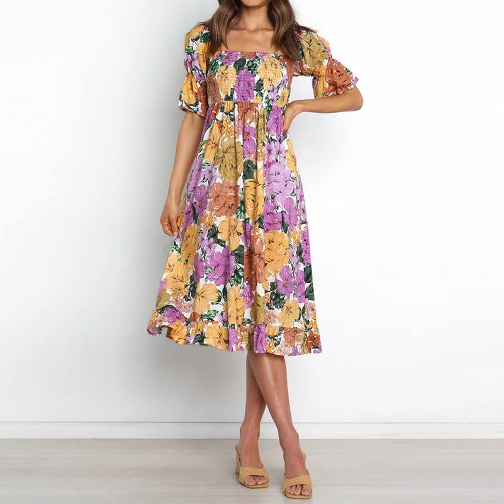 Floral Print Lantern Sleeve Square Neck Vintage Wholesale Swing Dresses