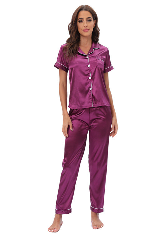 Plain Homewear Short Sleeve Lapel Shirts & Pants Satin Pajamas Womens 2 Piece Set Wholesale Loungewear