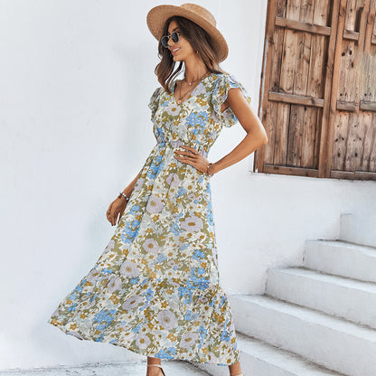 Floral Print V Neck Frill Sleeve Nipped Waist Mid-Length Ruffled Flowy Dress Casual Wholesale Dresses