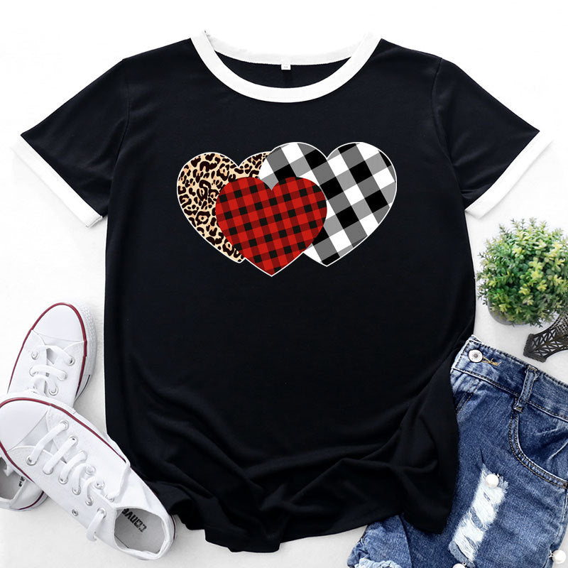 Checkered Heart Print Round Neck Short Sleeve Tops Casual Wholesale Women'S T Shirts
