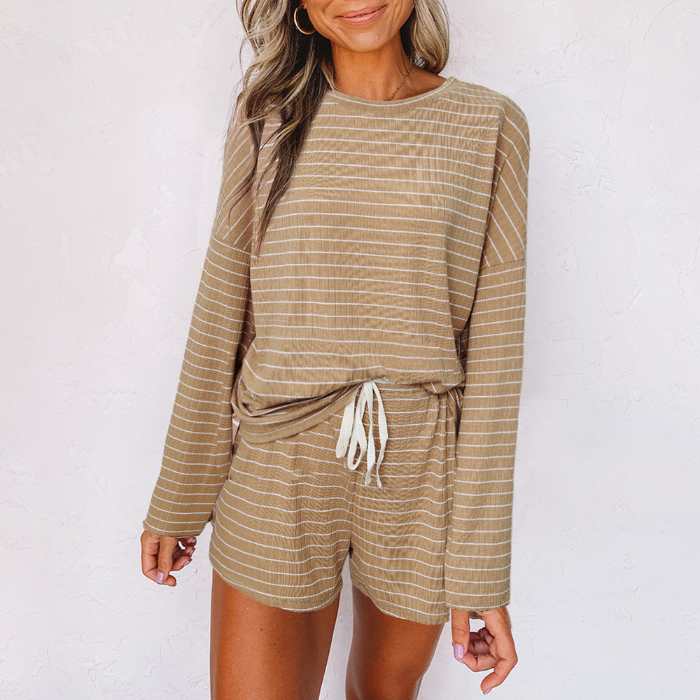 Striped Long Sleeve Top Drasrting Shorts Wholesale Pajama Sets