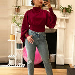 Sexy Backless Pleated Long Sleeve High Collar Tops Wholesale Womens Long Sleeve T Shirts