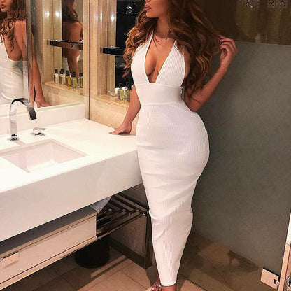 Sexy Halter Neck Deep V-Neck Dress Solid Color Backless Bodycon Wholesale Dresses