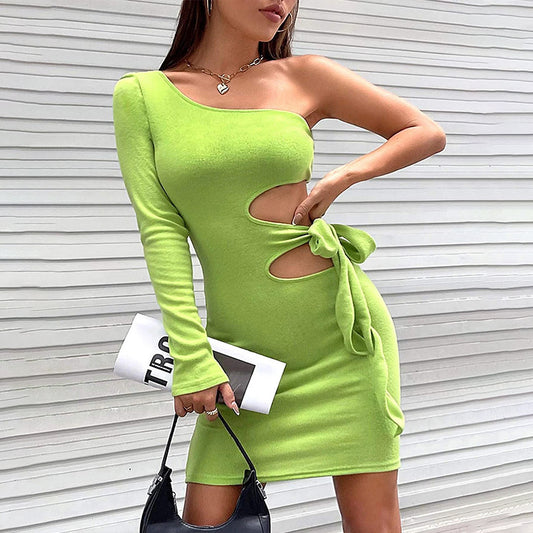 Hollow Tie-Up Slanted Shoulder Sexy Bodycon Dress Wholesale Dresses