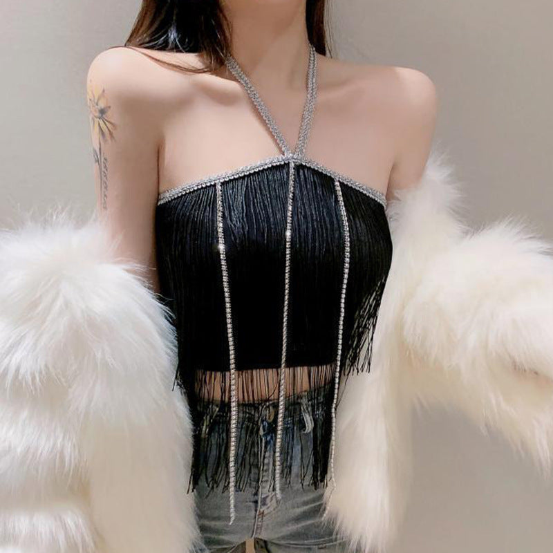 Solid Color Hanging Neck Tassel With Chest Pad Tube Top Crop Tops Wholesale Women Top