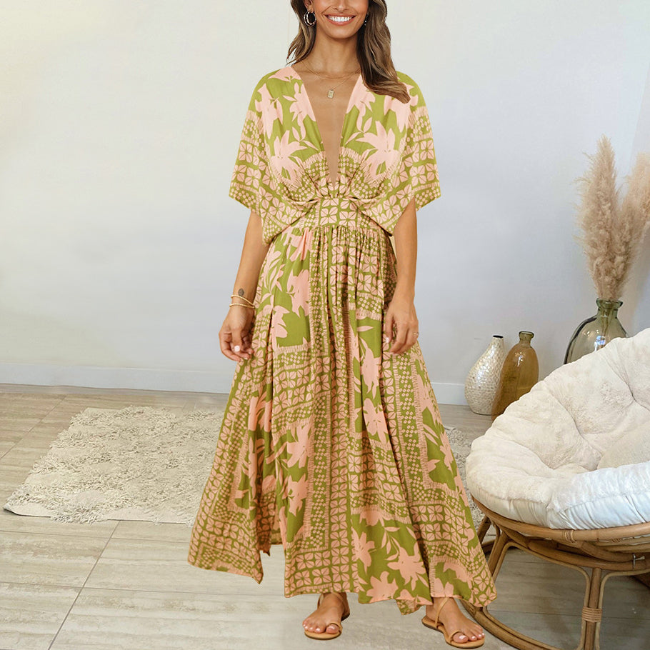 Retro Print Lotus Leaf Sleeve V-Neck Beach Flowy Dress Vacation Wholesale Maxi Dresses Slit Design