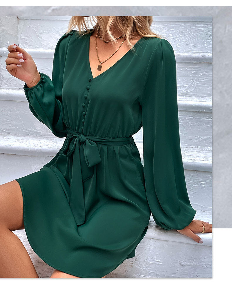 Solid Color V Neck Tie-Up Long Sleeve Pleated Dress Wholesale Dresses