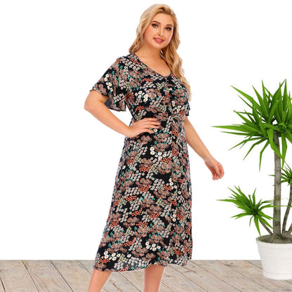 Short Flare Sleeve Casual Printed Midi Curve Dresses Summer Fashion Wholesale Plus Size Clothing