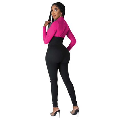 Colorblock Low-Cut Zip Bodycon Women Jump-Suit Wholesale Jumpsuits