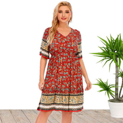 Printed V Neck Short Sleeve Fashion Midi Curve Dress Vacation Wholesale Plus Size Boho Dresses